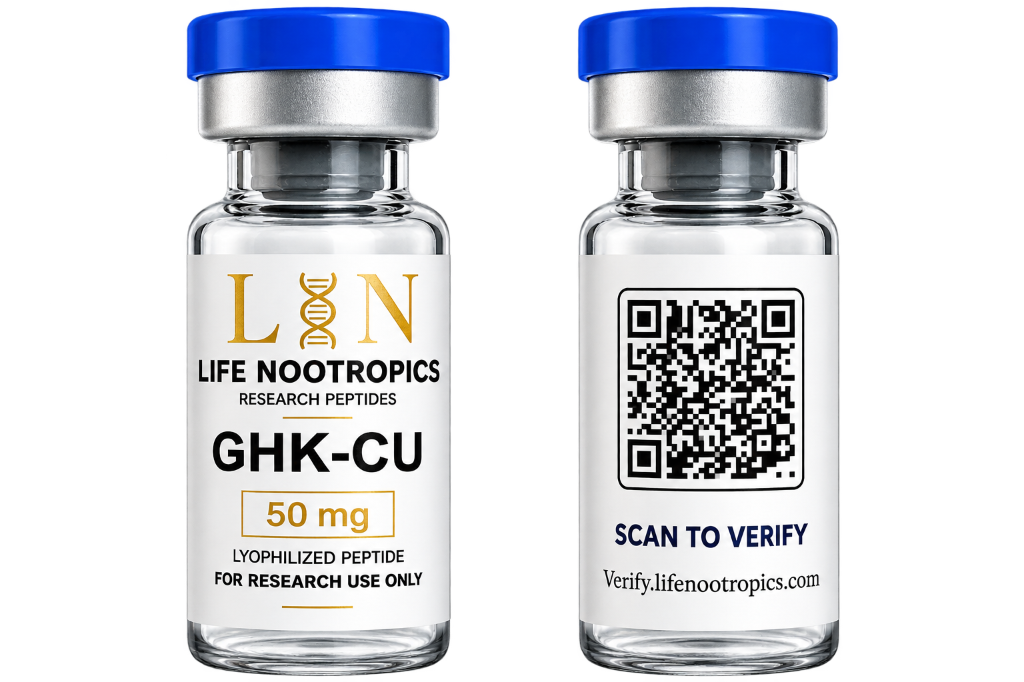 Life Nootropics GHK-Cu 50mg and Scan to Verify Peptide Vials