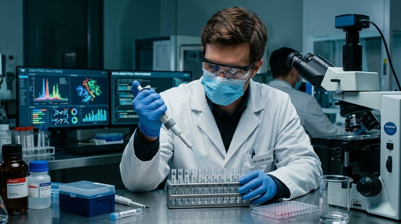 Laboratory researcher examining peptide synthesis