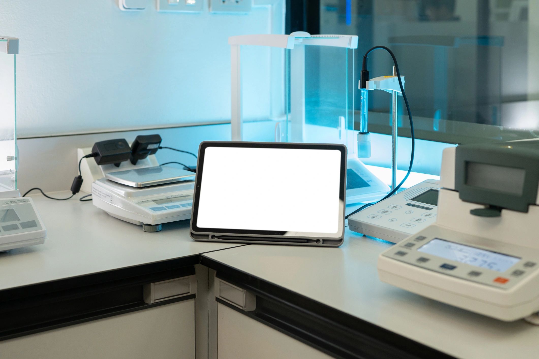 Scientific instruments on laboratory bench for verification